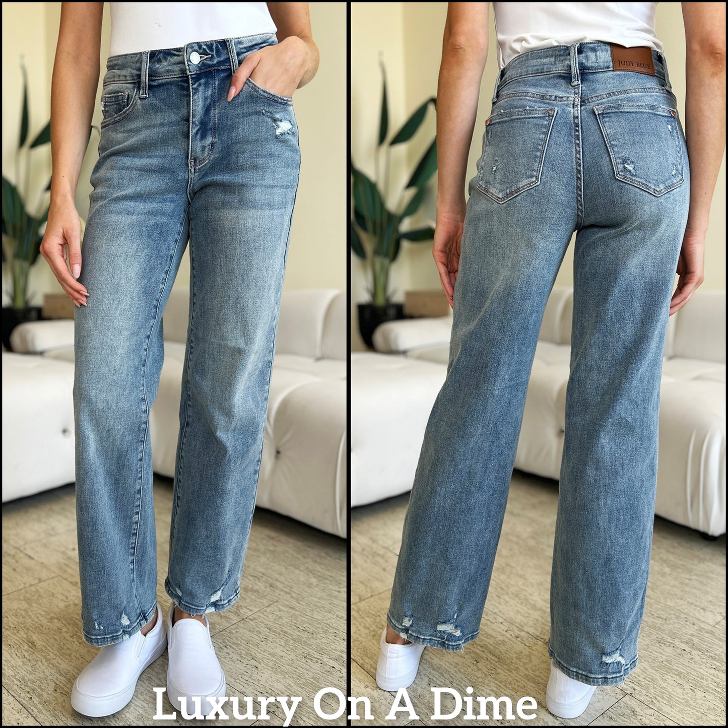 Judy Blue High-Rise Waist Distressed Denim Boyfriend Straight Leg Jean Pants