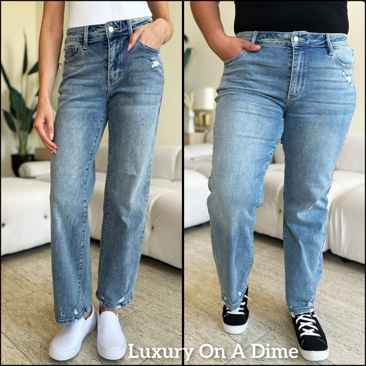 Judy Blue High-Rise Waist Distressed Denim Boyfriend Straight Leg Jean Pants