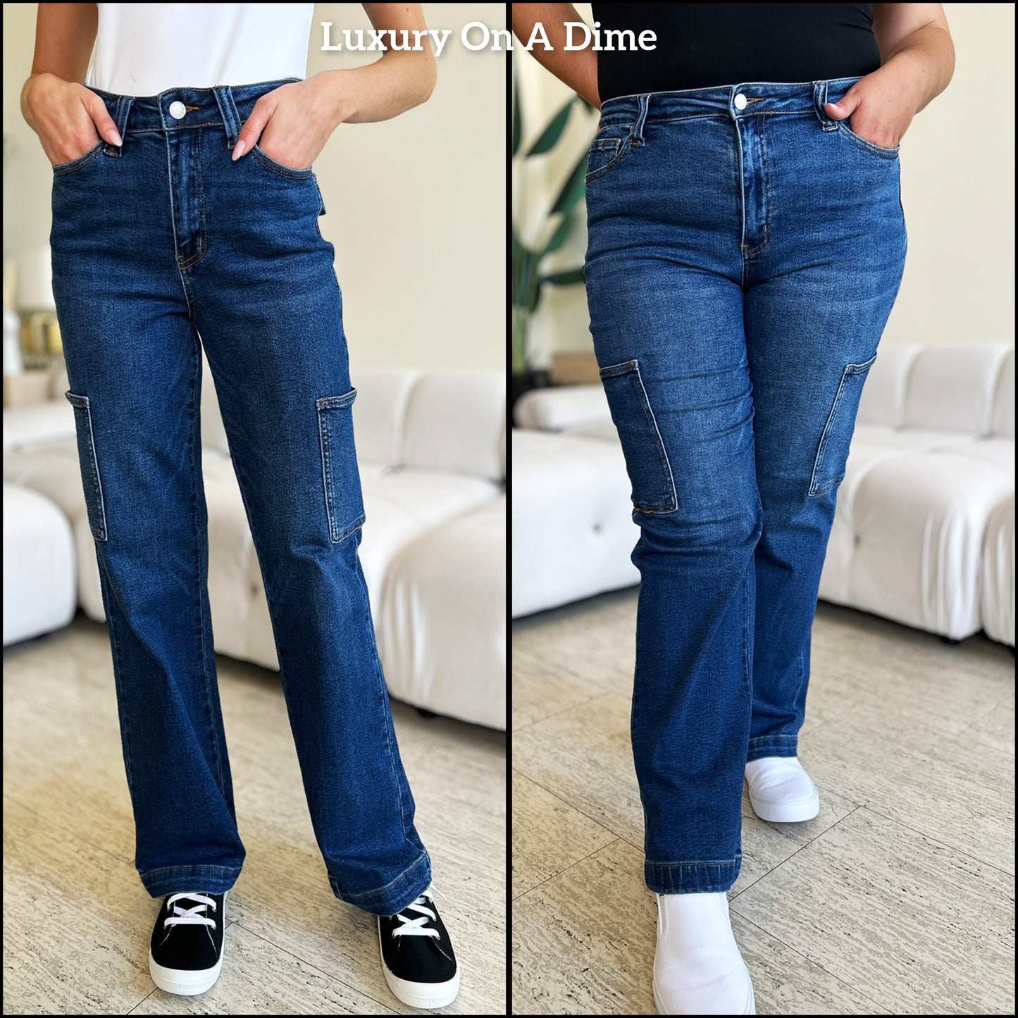 High-Rise Waist Cargo Denim Boyfriend Straight Leg Jean Pants Judy Blue