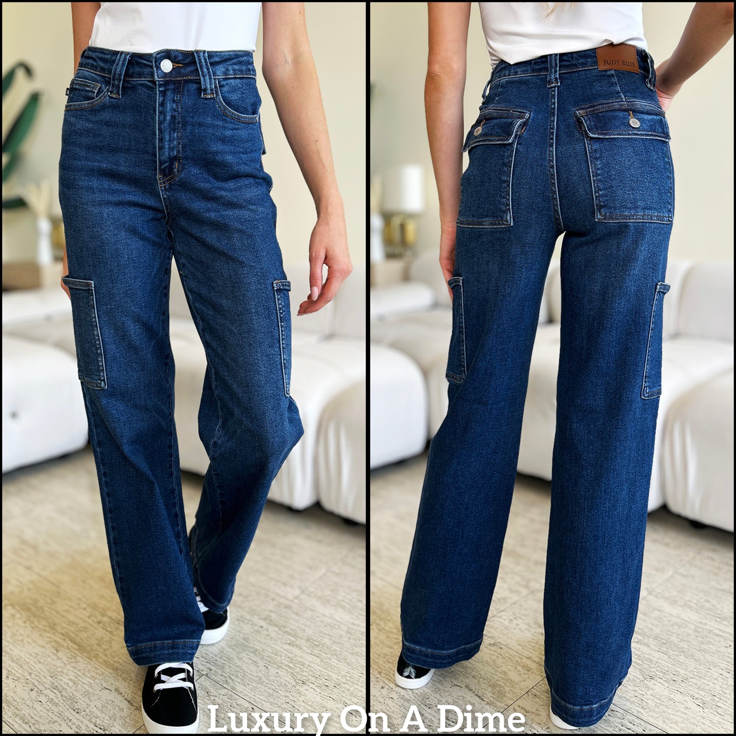 High-Rise Waist Cargo Denim Boyfriend Straight Leg Jean Pants Judy Blue