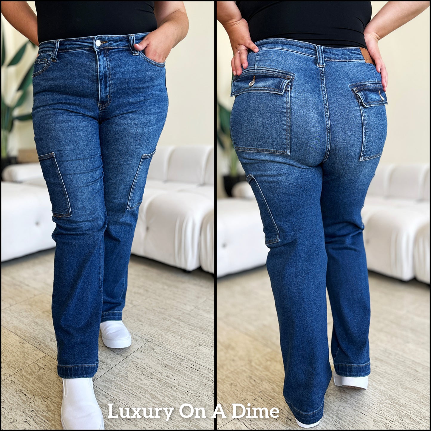 High-Rise Waist Cargo Denim Boyfriend Straight Leg Jean Pants Judy Blue