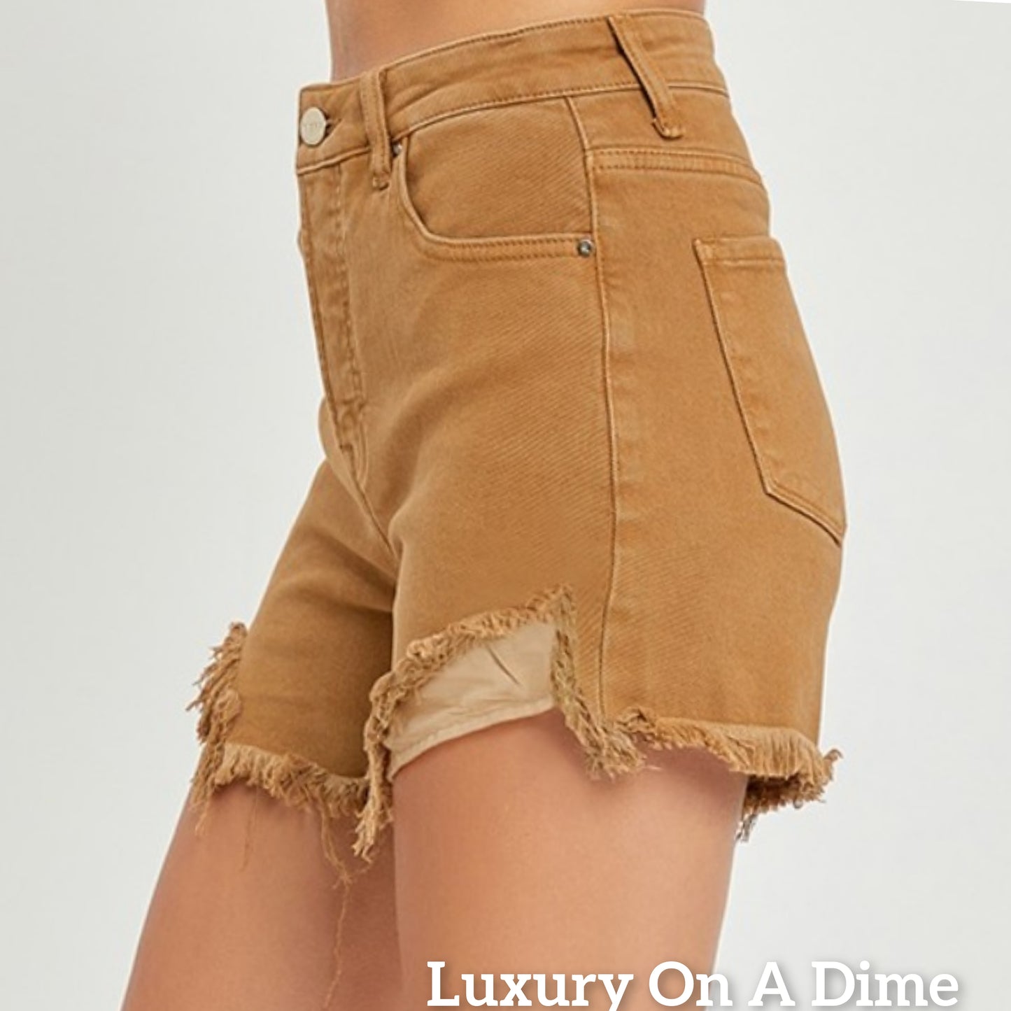 RISEN Cut-off High Rise Waist Distressed Moca Denim Mid-length Frayed Jean Shorts