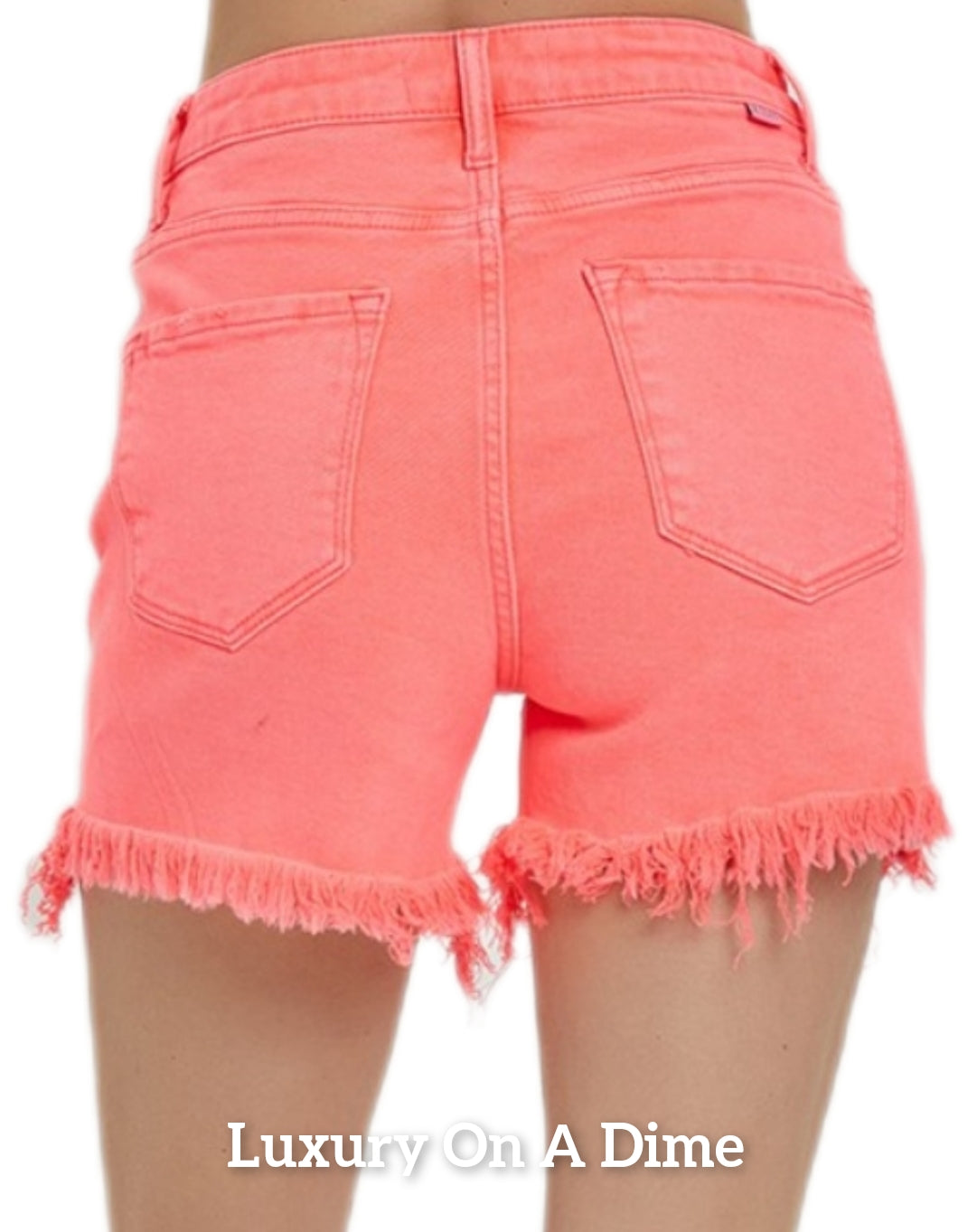 RISEN Asymmetrical Cut-off Mid-Rise Distressed Pink Denim Frayed Jean Shorts