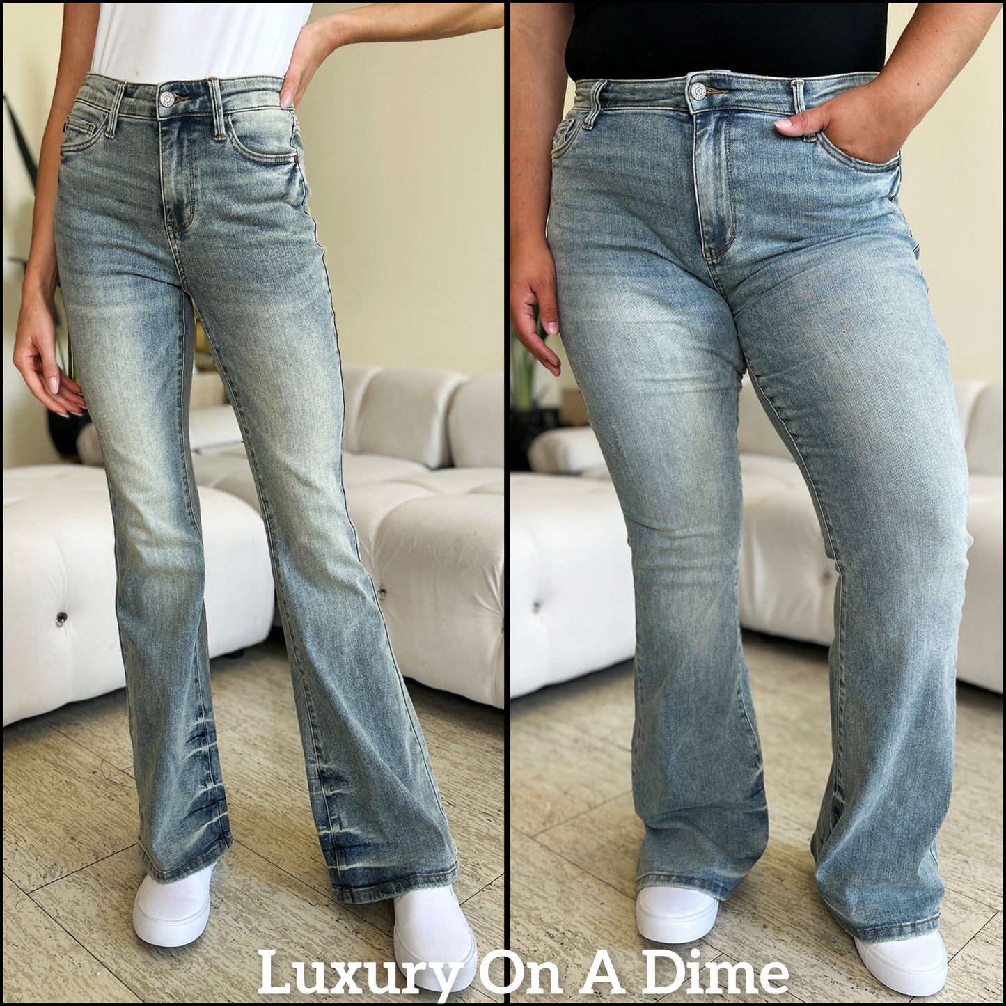 Dull Acid Wash High-Rise Waist Retro Flare Bell Bottom Stretch Skinny Leg Jean Pants Judy Blue