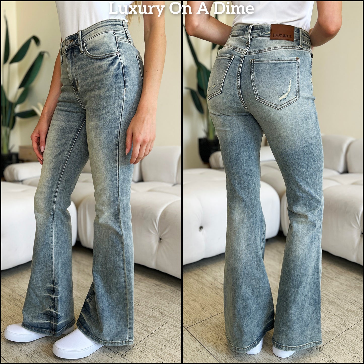 Dull Acid Wash High-Rise Waist Retro Flare Bell Bottom Stretch Skinny Leg Jean Pants Judy Blue