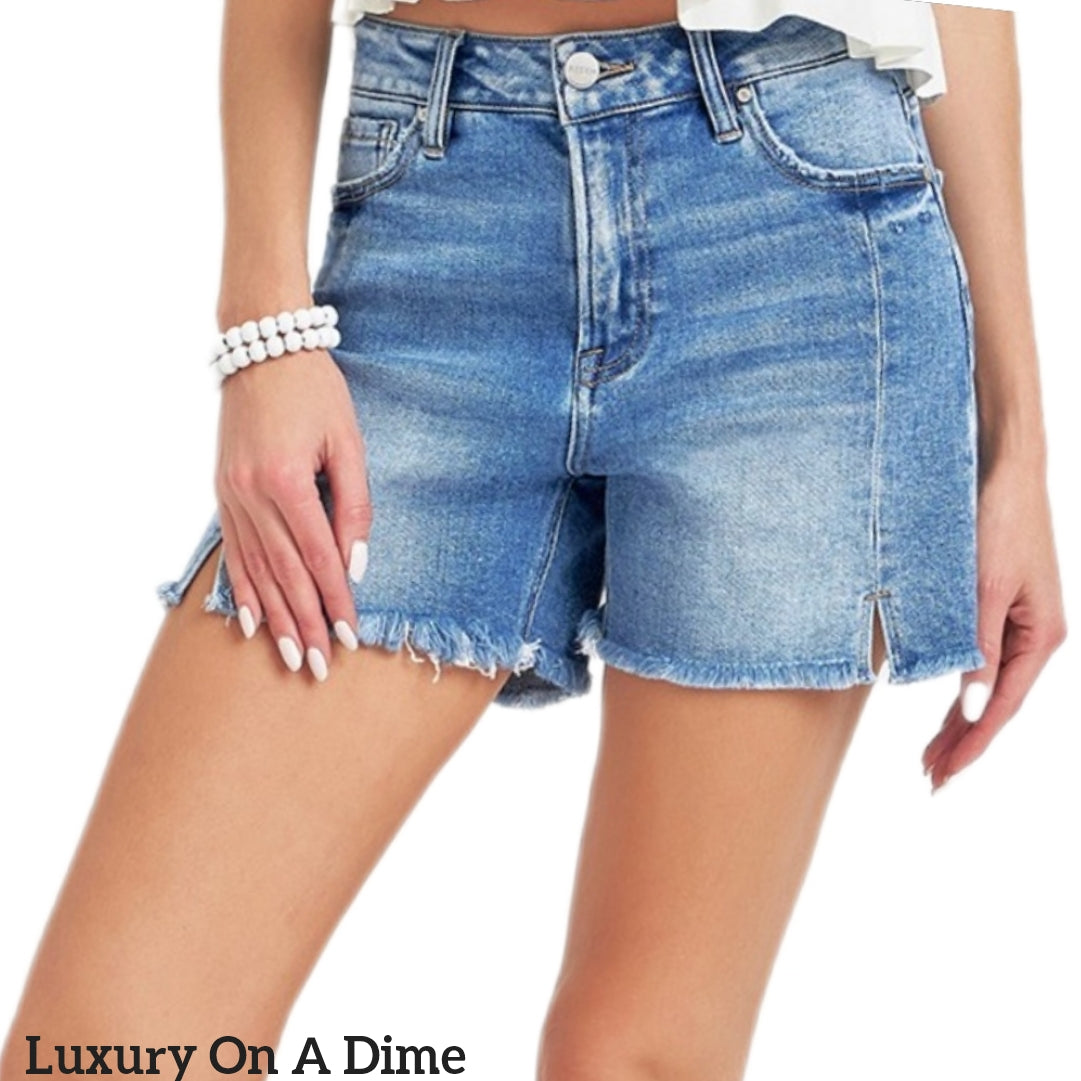 RISEN Mid-Rise Cut-off Retro Frayed Side Slit Relaxed Boyfriend Jean Midi Shorts