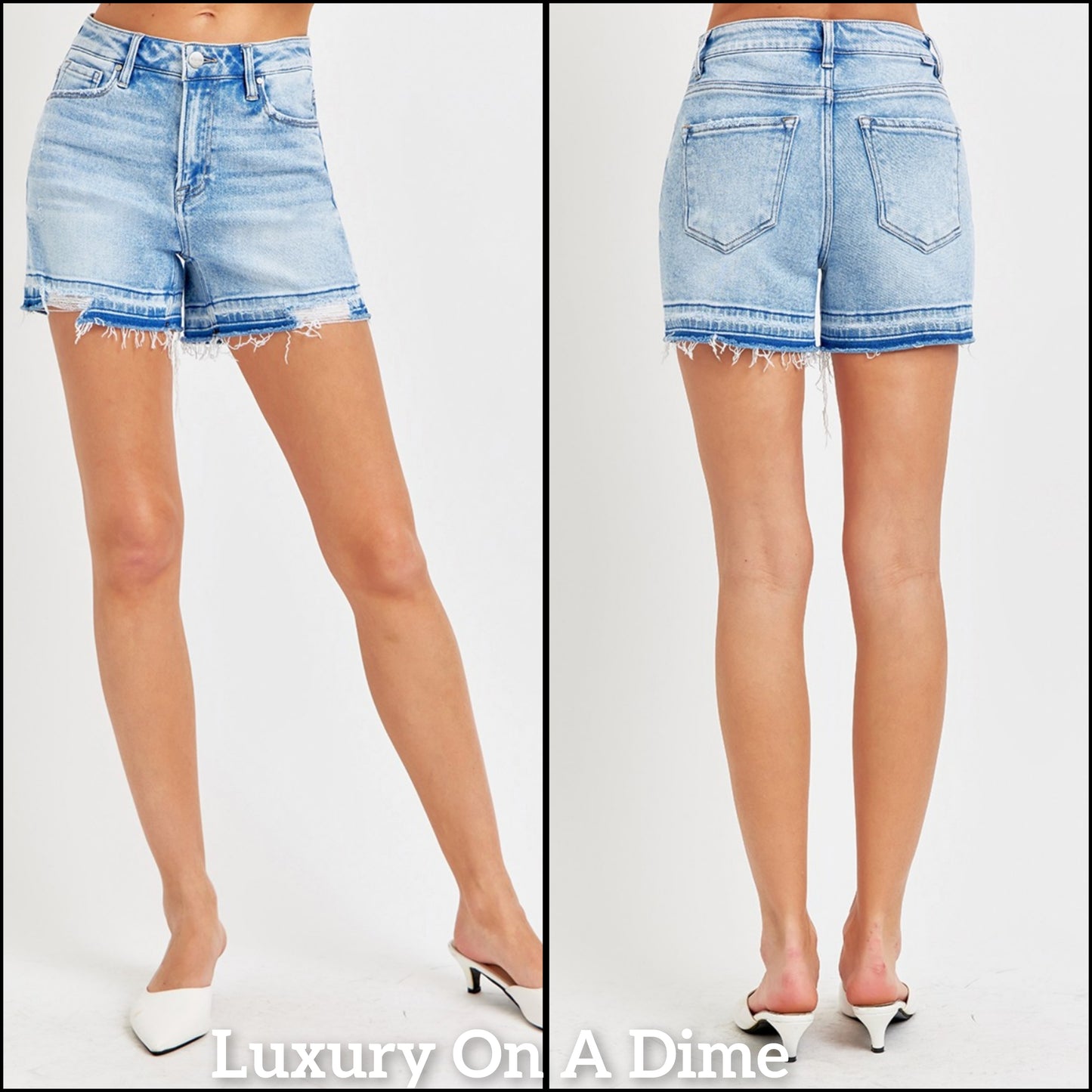 RISEN Cut-off Frayed High Rise Waist Distressed Blue Denim Mid-length Jean Shorts