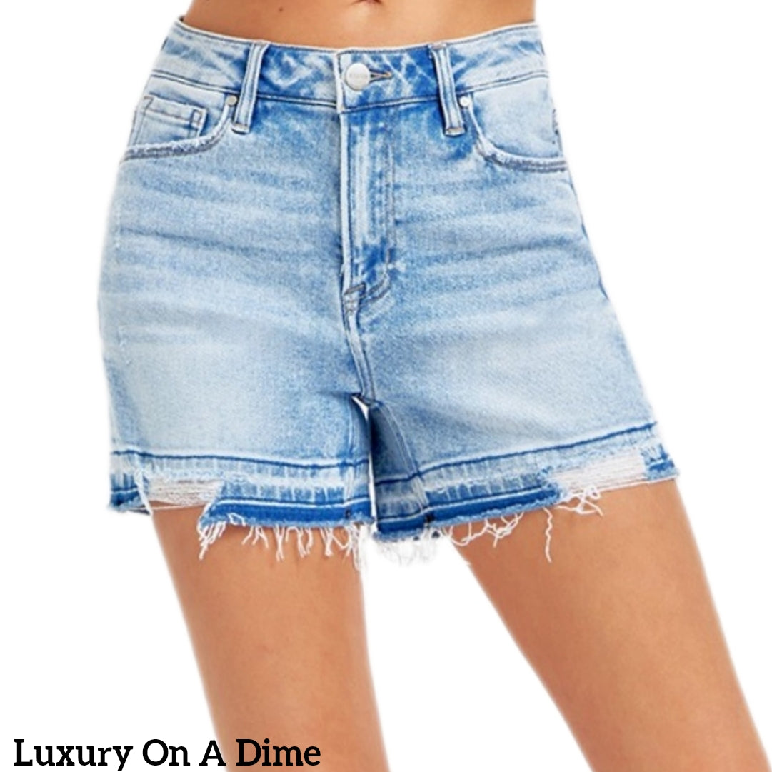 RISEN Cut-off Frayed High Rise Waist Distressed Blue Denim Mid-length Jean Shorts