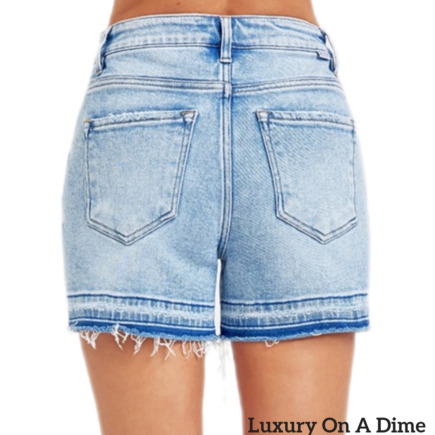 RISEN Cut-off Frayed High Rise Waist Distressed Blue Denim Mid-length Jean Shorts