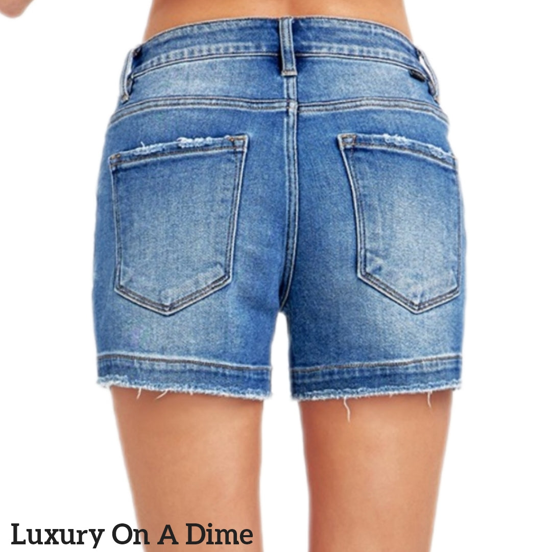 RISEN Low Rise Cut-off Frayed Side Slit Classic Retro Distressed Jean Midi Shorts