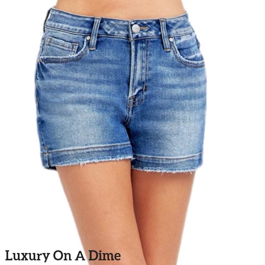 RISEN Low Rise Cut-off Frayed Side Slit Classic Retro Distressed Jean Midi Shorts