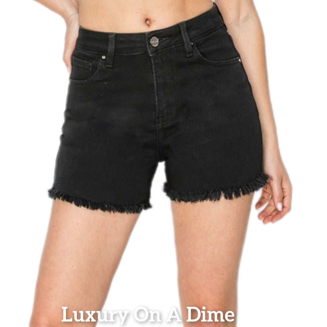 RISEN Black Cut-off Frayed High Rise Waist Distressed Denim Mid-length Jean Shorts