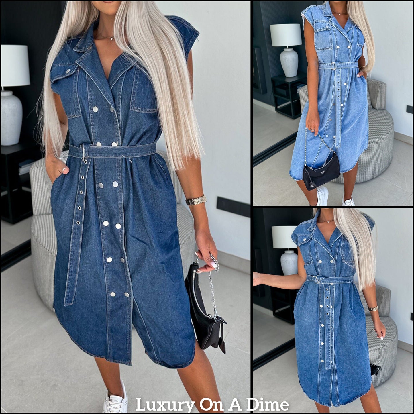 Collared Retro Denim Dress Cap Sleeve Snap Front Oversized Belt Blue Jean T-shirt Midi