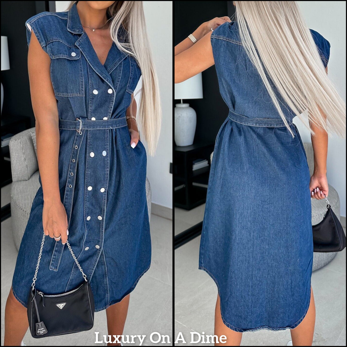 Collared Retro Denim Dress Cap Sleeve Snap Front Oversized Belt Blue Jean T-shirt Midi