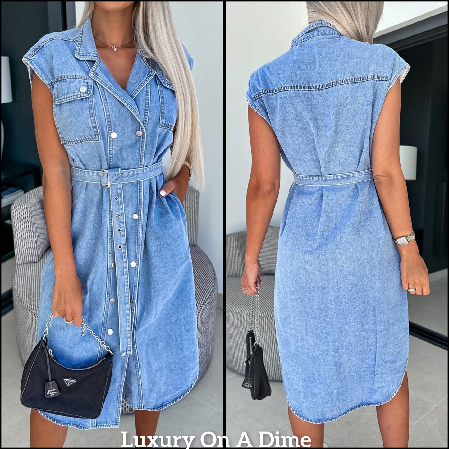 Collared Retro Denim Dress Cap Sleeve Snap Front Oversized Belt Blue Jean T-shirt Midi