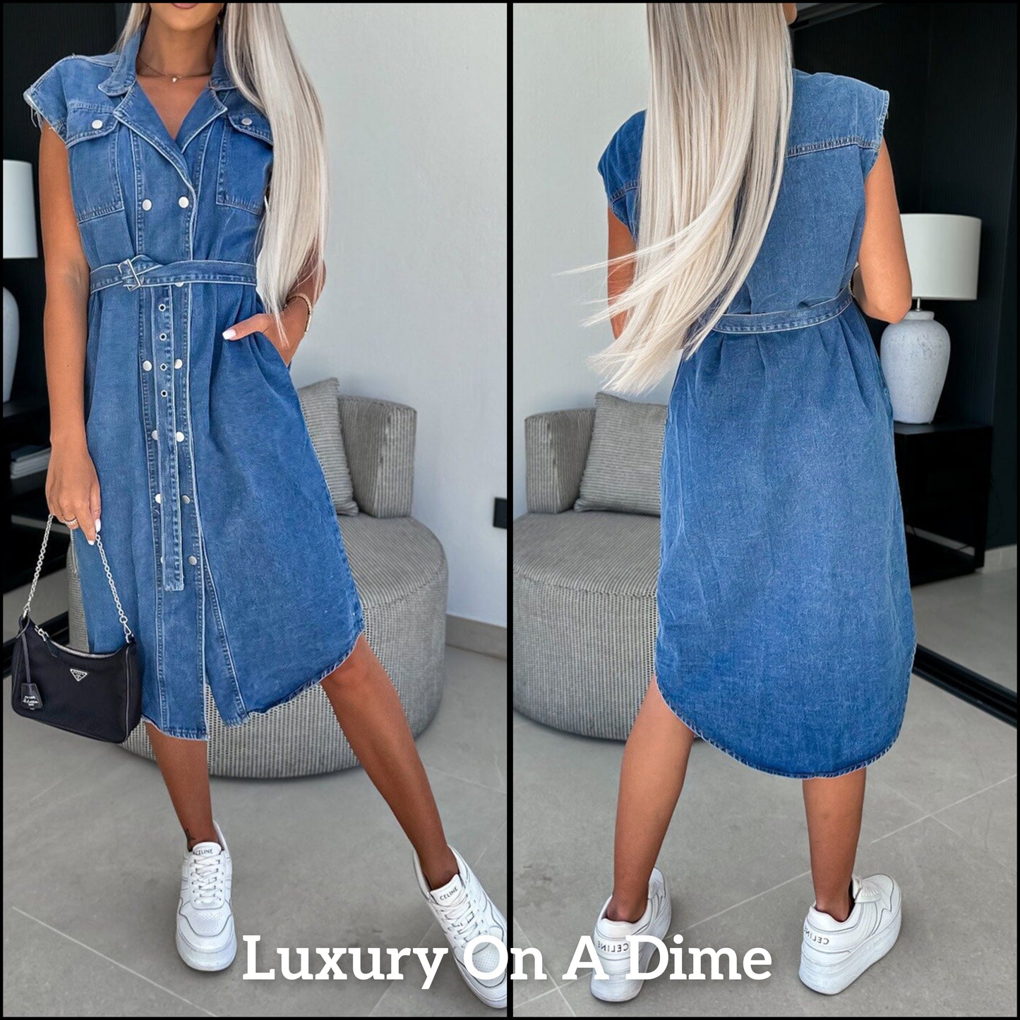 Collared Retro Denim Dress Cap Sleeve Snap Front Oversized Belt Blue Jean T-shirt Midi