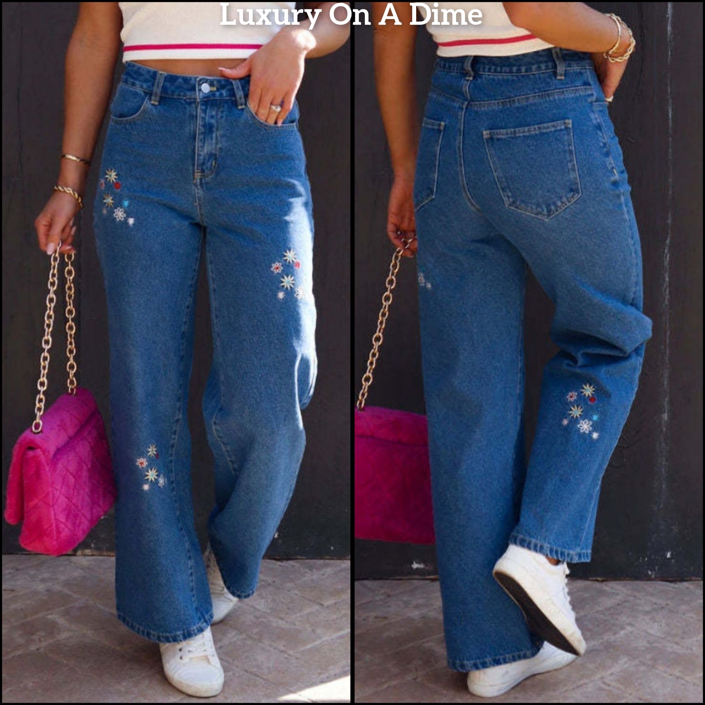 Embroidered Flower Straight Leg Retro High-Rise Waist Hippie Cotton Denim Jean Pants