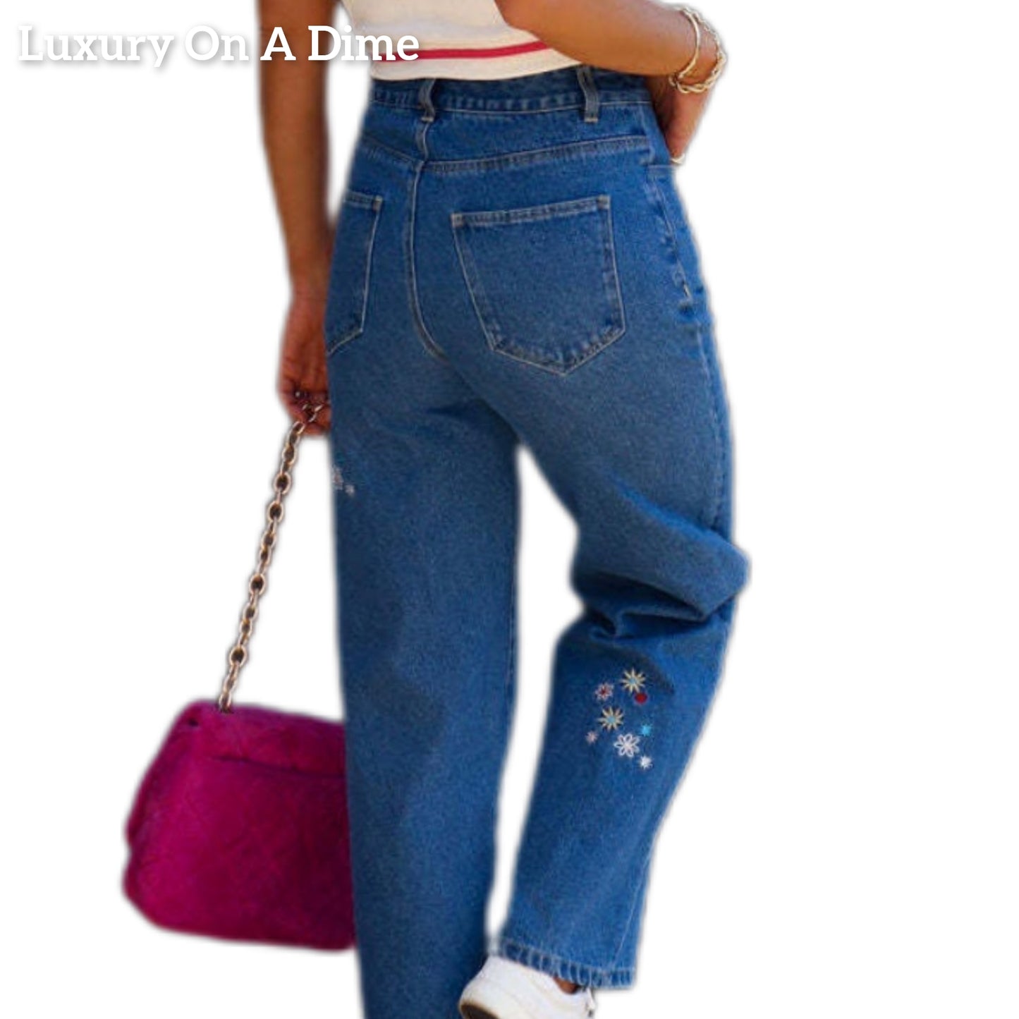 Embroidered Flower Straight Leg Retro High-Rise Waist Hippie Cotton Denim Jean Pants