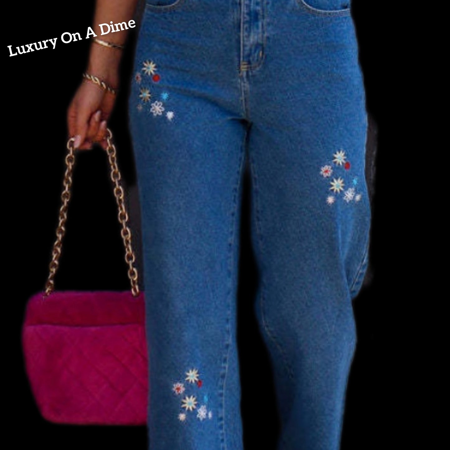 Embroidered Flower Straight Leg Retro High-Rise Waist Hippie Cotton Denim Jean Pants