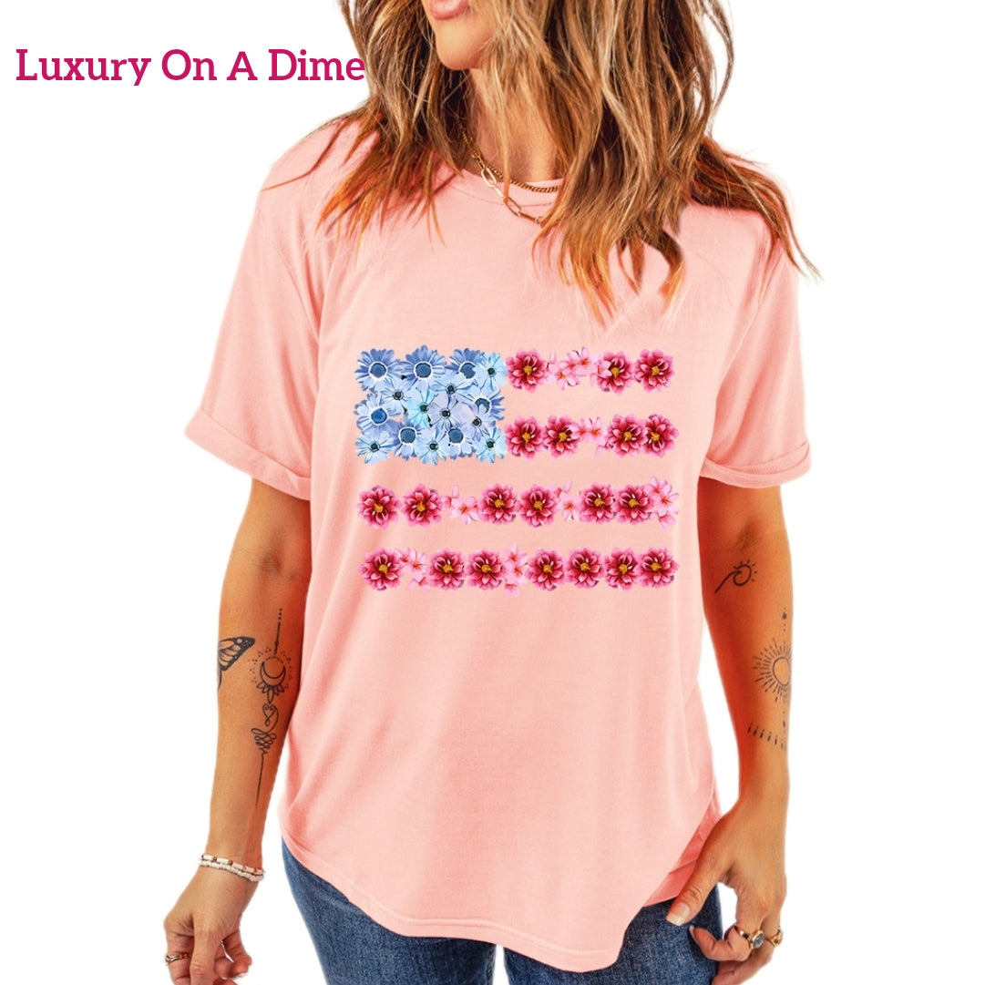 American Flag Graphic Shirt Floral Patriotic Womens Top Lightweight Short Sleeve