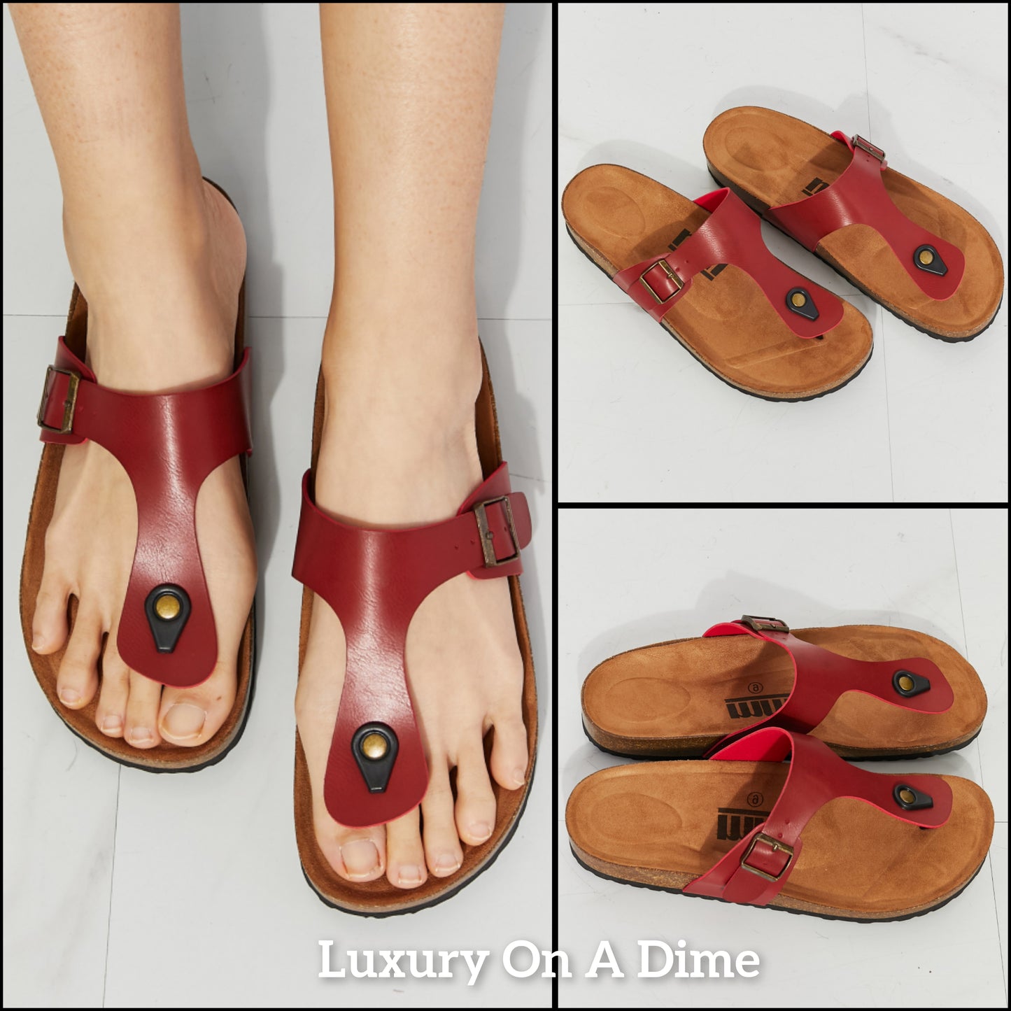 Vegan Cork Shoes Drift Away T-Strap Flip-Flop Boho Minimalist Slip-on Sandals Burgundy