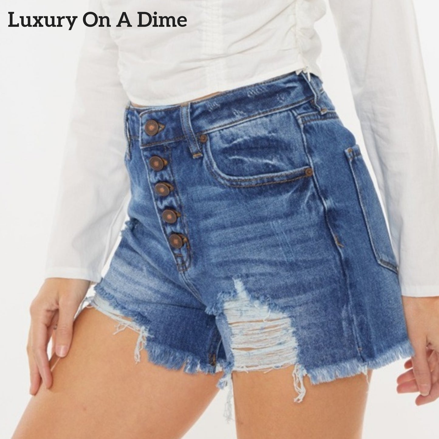 KanCan Button Fly Distressed High-Rise Frayed Denim Cut-Off Cotton Jean Shorts