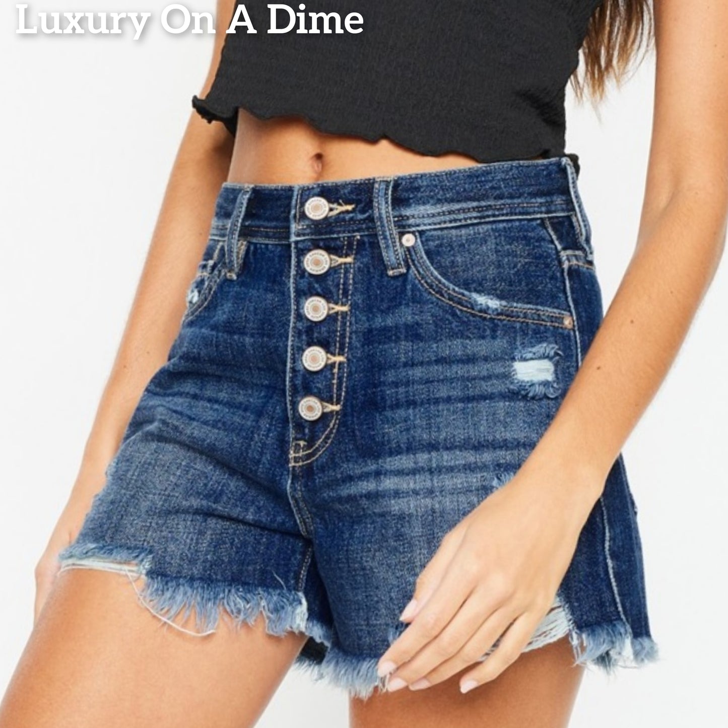 KanCan Button Fly High-Rise Frayed Denim Cut-Off Distressed Cotton Jean Shorts