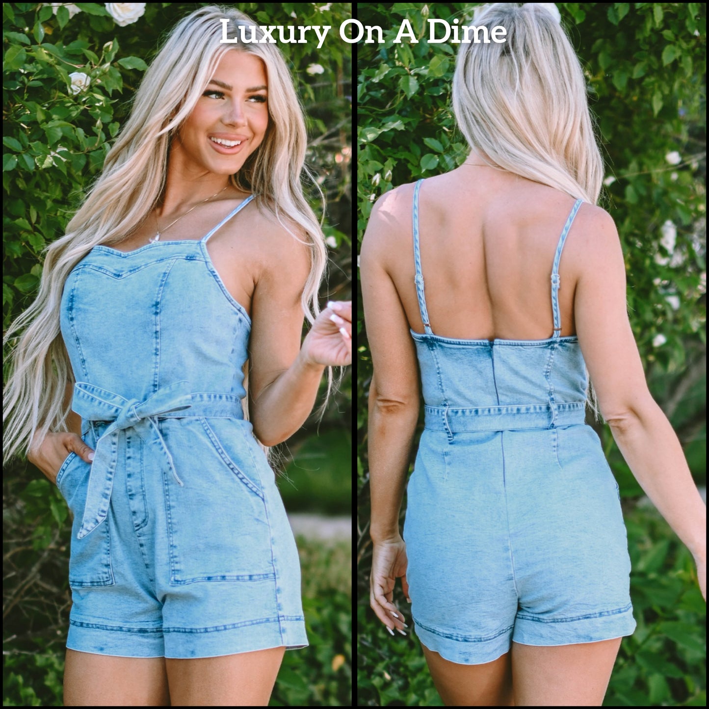 Denim Shorts Romper Sweetheart Sleeveless Spaghetti Strap Belt Jean Pocket Jumpsuit