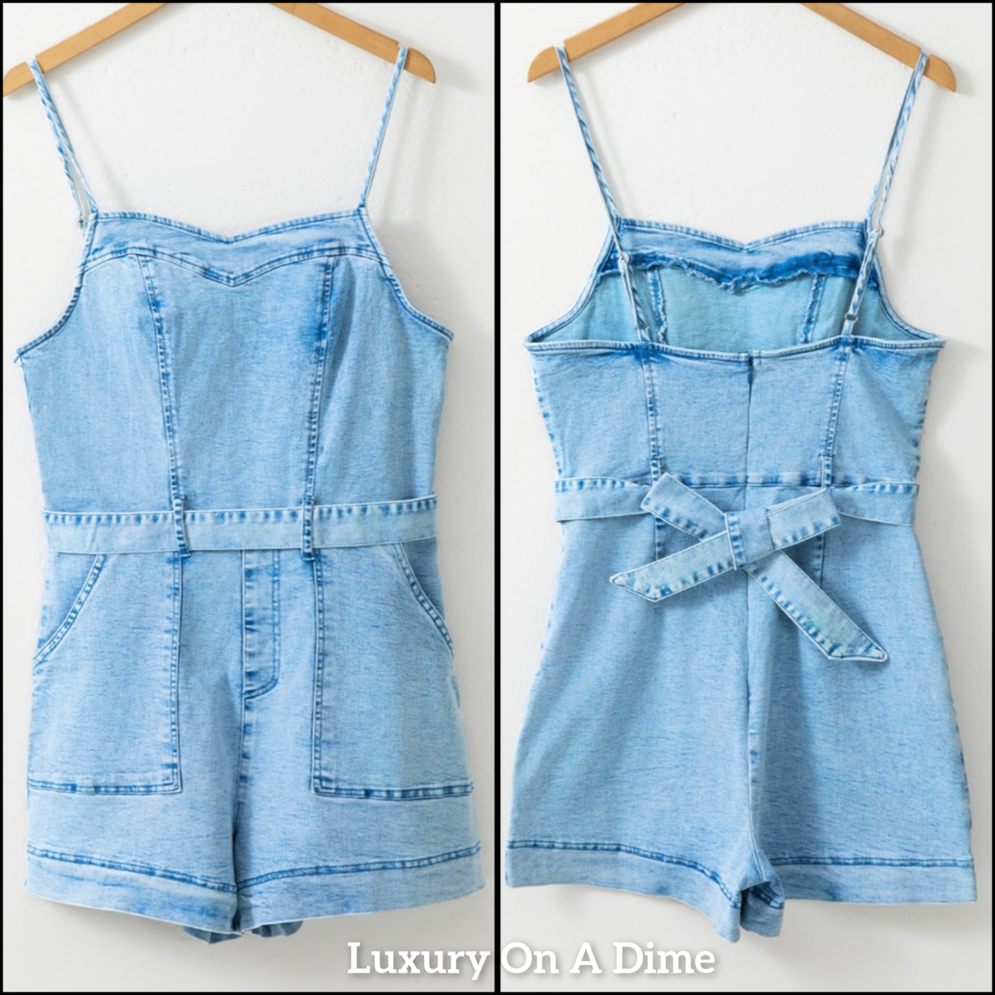 Denim Shorts Romper Sweetheart Sleeveless Spaghetti Strap Belt Jean Pocket Jumpsuit