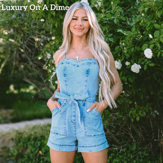 Denim Shorts Romper Sweetheart Sleeveless Spaghetti Strap Belt Jean Pocket Jumpsuit