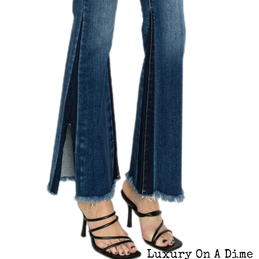 RISEN Split Raw Bell Bottom Ultra High-Rise Retro Flare Denim Skinny Jean Pants