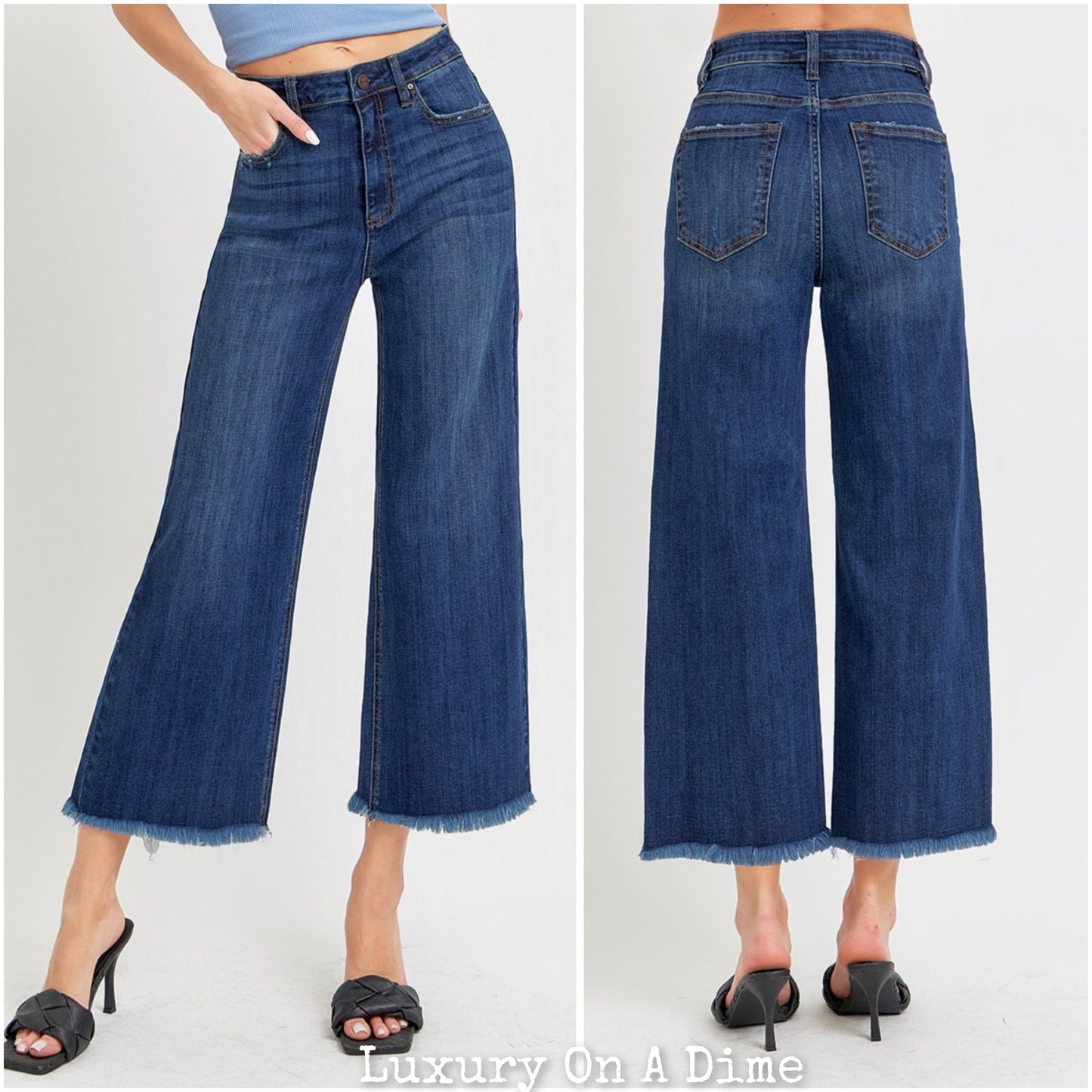 High-Rise Denim Jeans Wide Leg Cropped Raw Frayed Hem Retro Pants RISEN