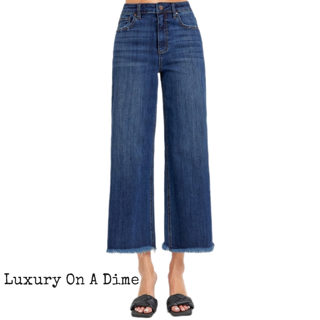 High-Rise Denim Jeans Wide Leg Cropped Raw Frayed Hem Retro Pants RISEN