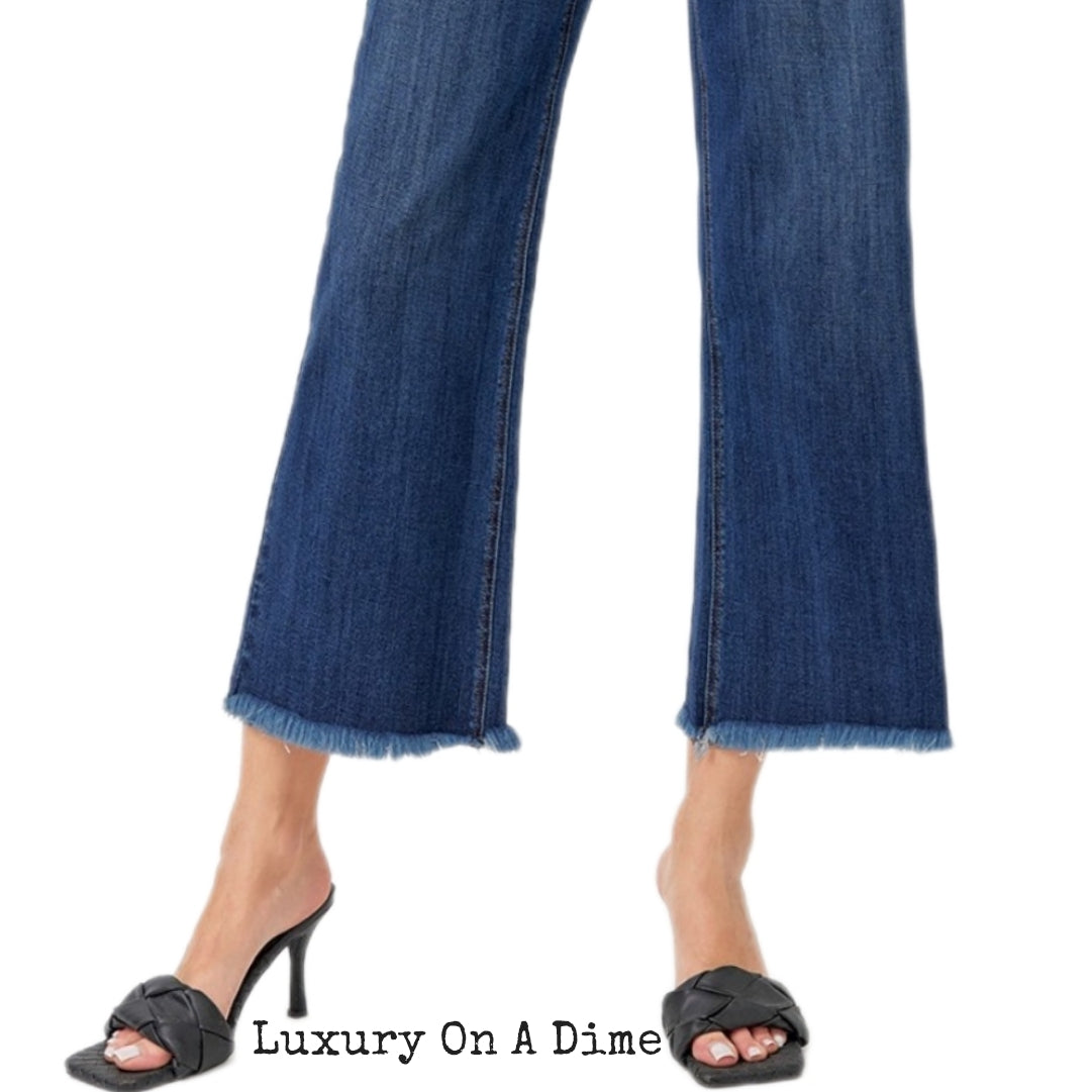 High-Rise Denim Jeans Wide Leg Cropped Raw Frayed Hem Retro Pants RISEN