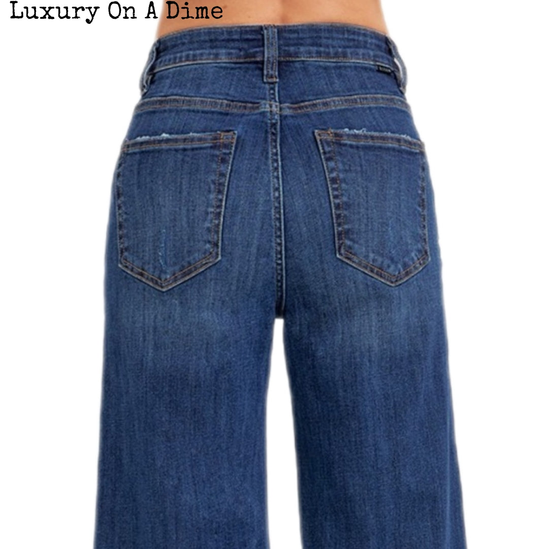 High-Rise Denim Jeans Wide Leg Cropped Raw Frayed Hem Retro Pants RISEN