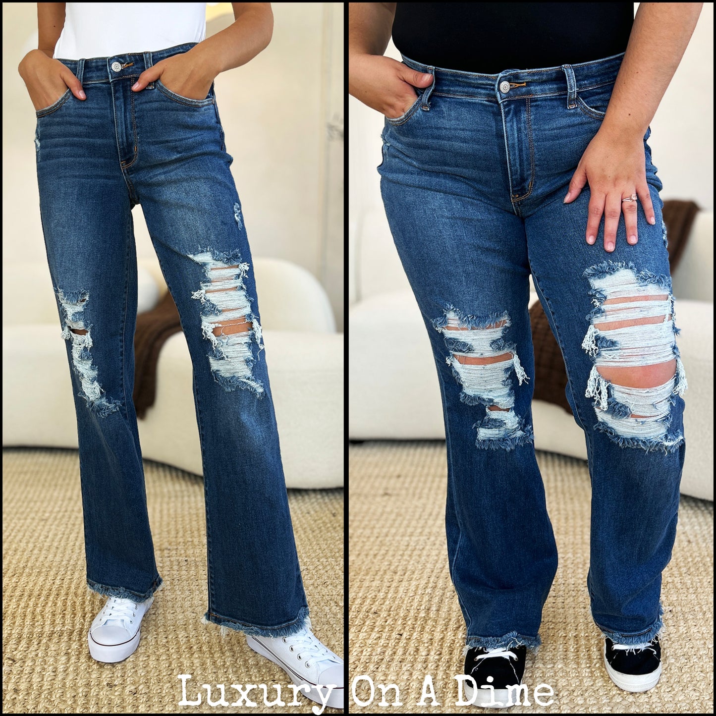 Mid-Rise Distressed Torn Mom Jeans Straight Leg Raw Hem Denim Pants Judy Blue