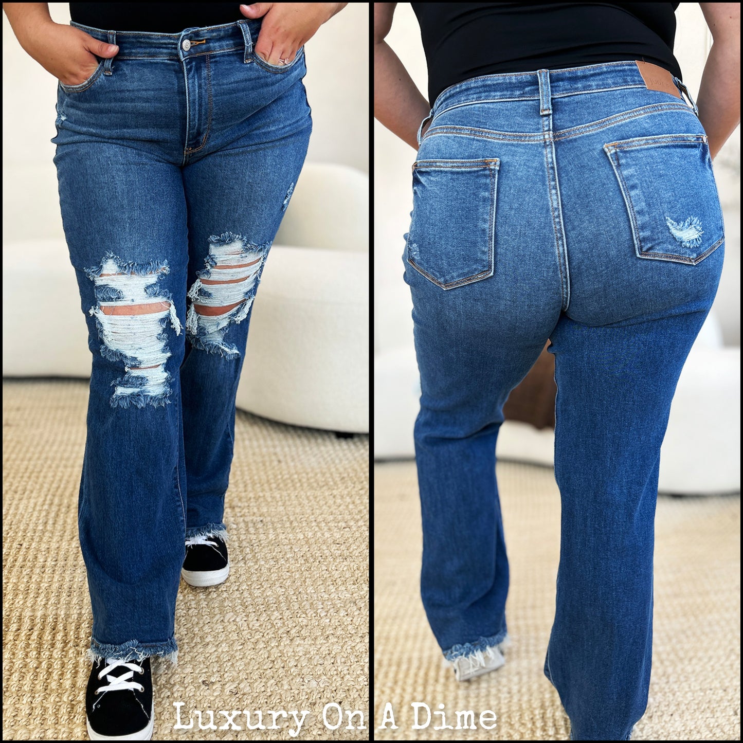 Mid-Rise Distressed Torn Mom Jeans Straight Leg Raw Hem Denim Pants Judy Blue