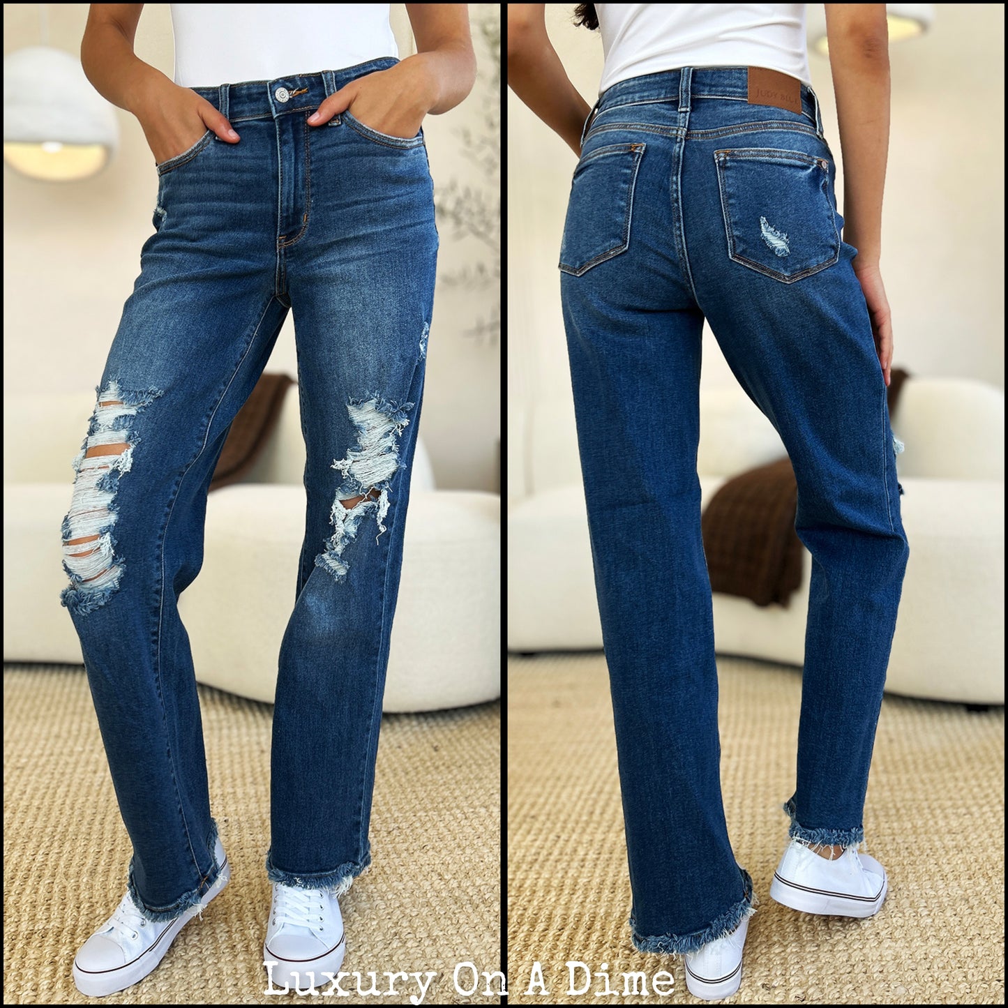 Mid-Rise Distressed Torn Mom Jeans Straight Leg Raw Hem Denim Pants Judy Blue