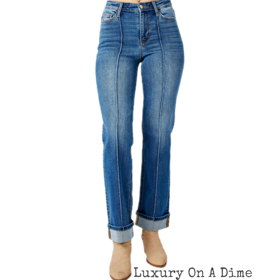 High-Rise Exposed Seam Straight Leg Jeans Dark Denim Pants Judy Blue