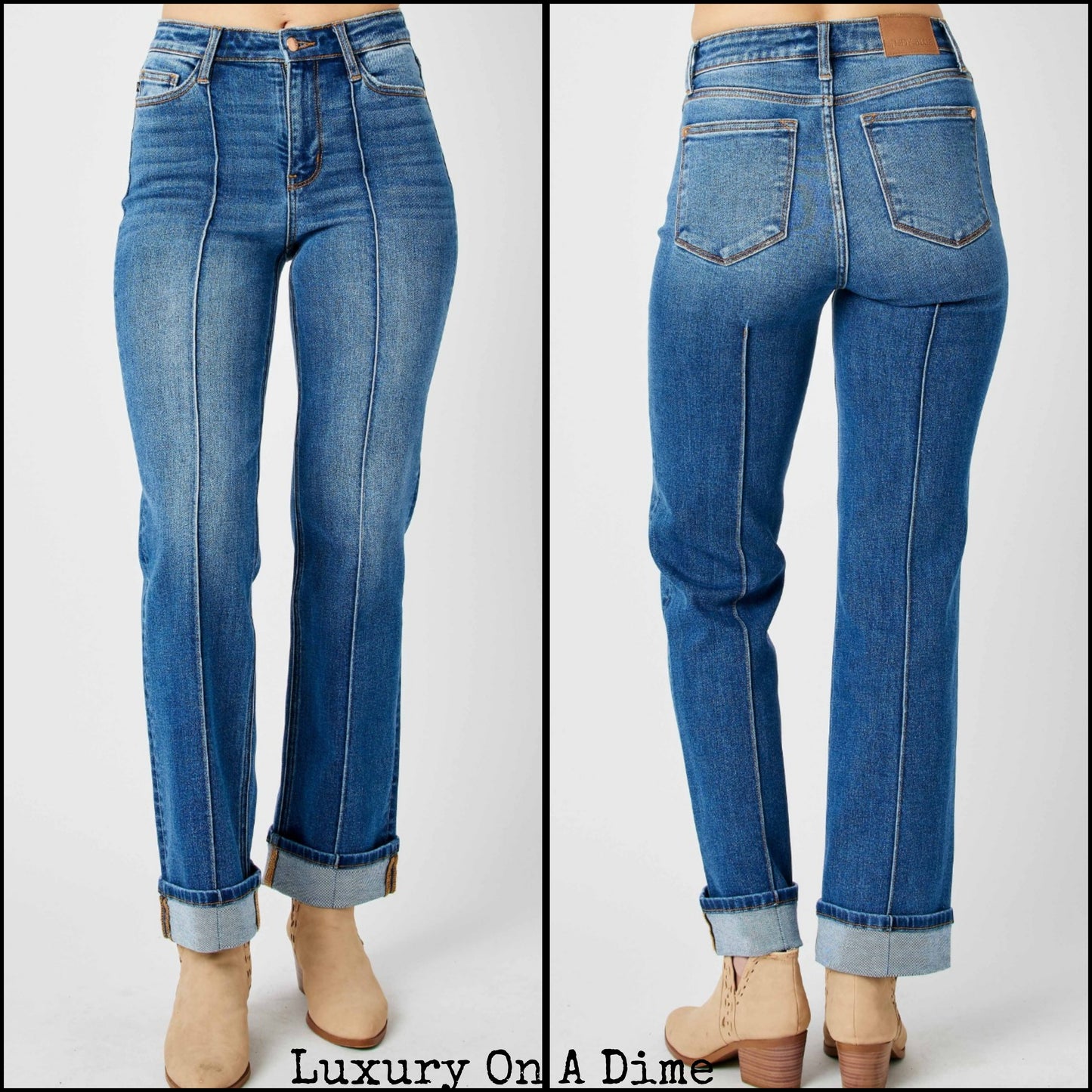 High-Rise Exposed Seam Straight Leg Jeans Dark Denim Pants Judy Blue