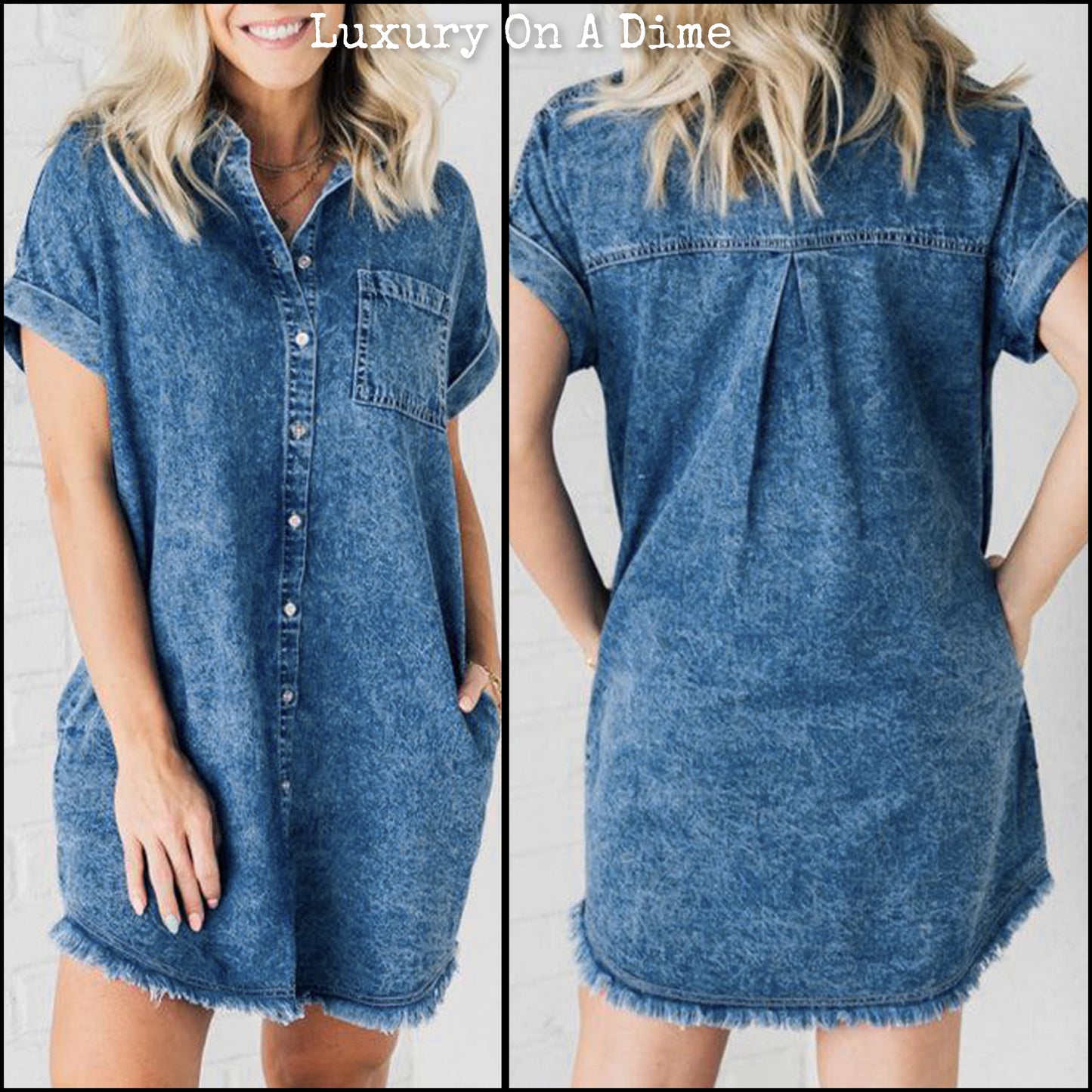 Distressed Denim Short Sleeve Button Front Pocket Blue Jean Cotton Mini Shirt Dress