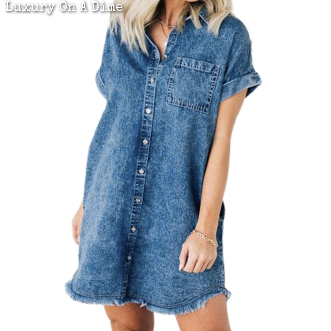 Distressed Denim Short Sleeve Button Front Pocket Blue Jean Cotton Mini Shirt Dress