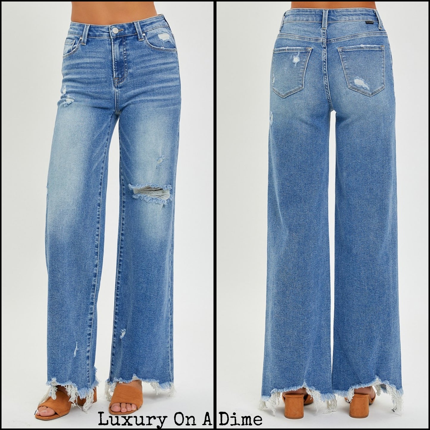 High-Rise Mom Jeans Wide Leg Distressed Raw Denim Retro Pants RISEN