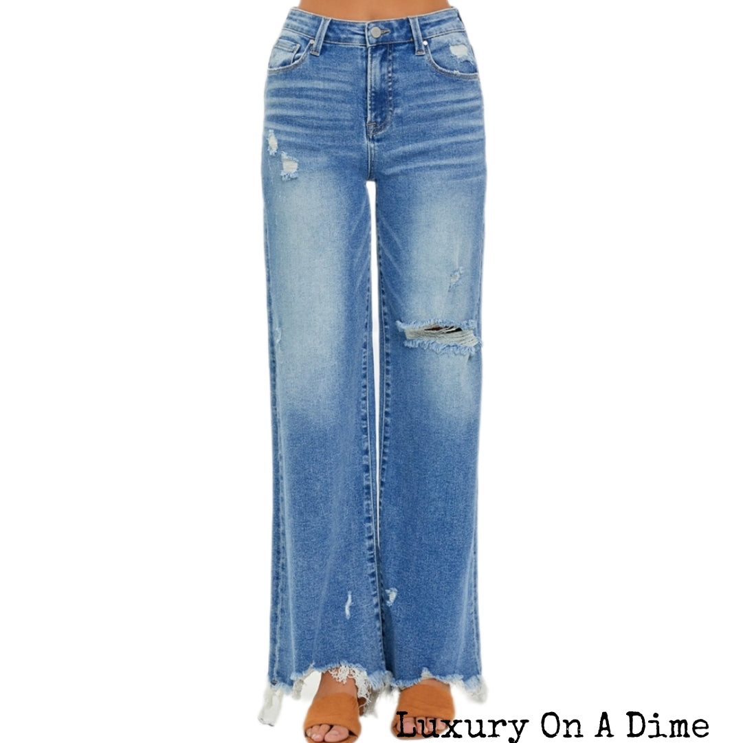 High-Rise Mom Jeans Wide Leg Distressed Raw Denim Retro Pants RISEN