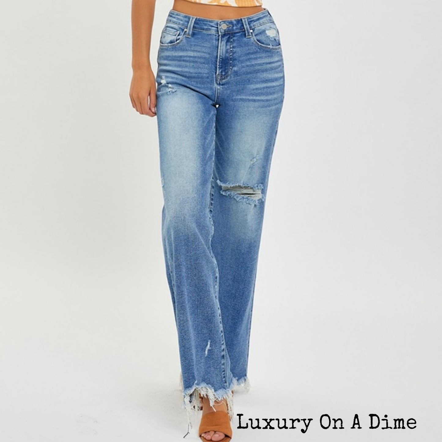 High-Rise Mom Jeans Wide Leg Distressed Raw Denim Retro Pants RISEN