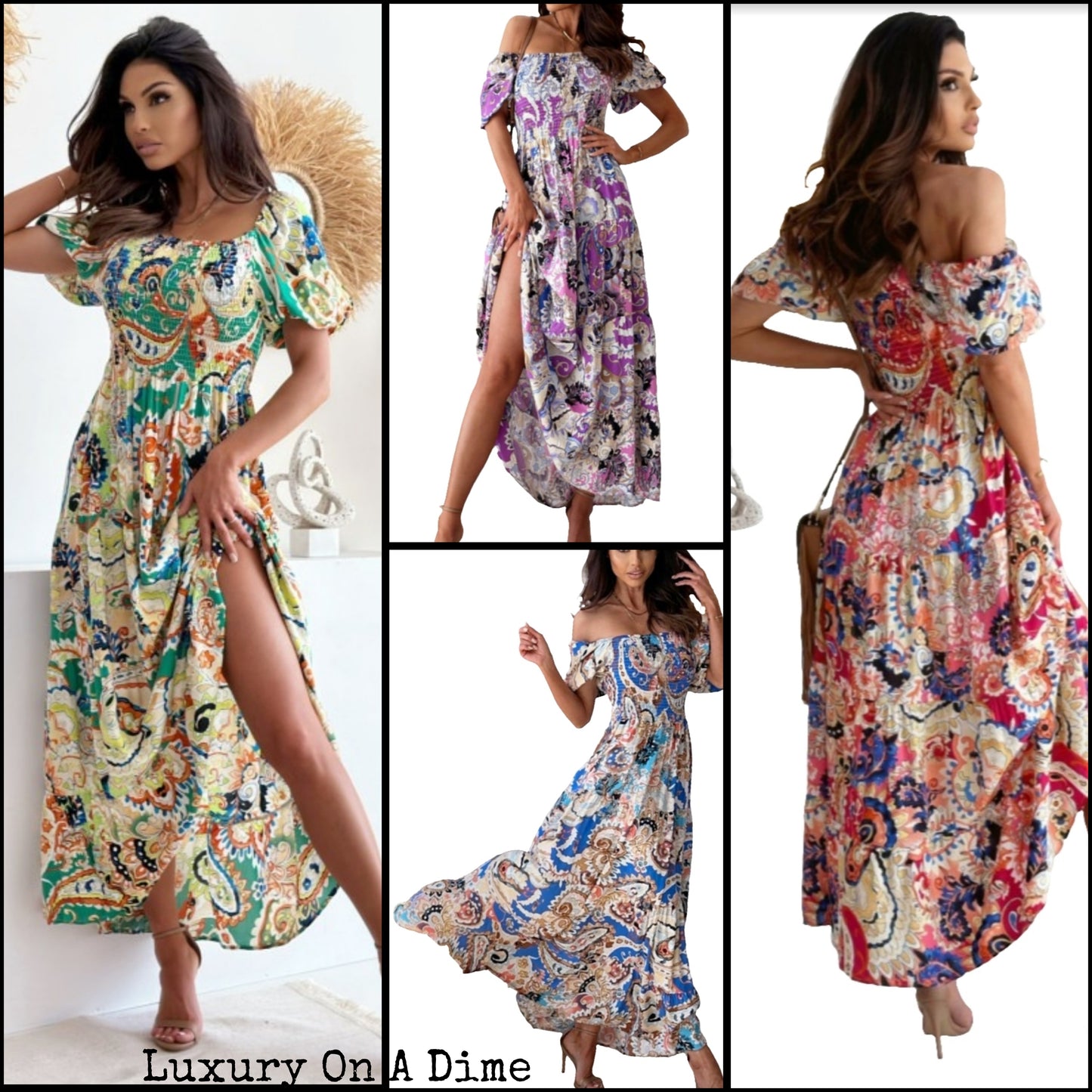 Retro Paisley Floral Smocked Bodice Tiered Colorful Summer Boho Maxi Dress