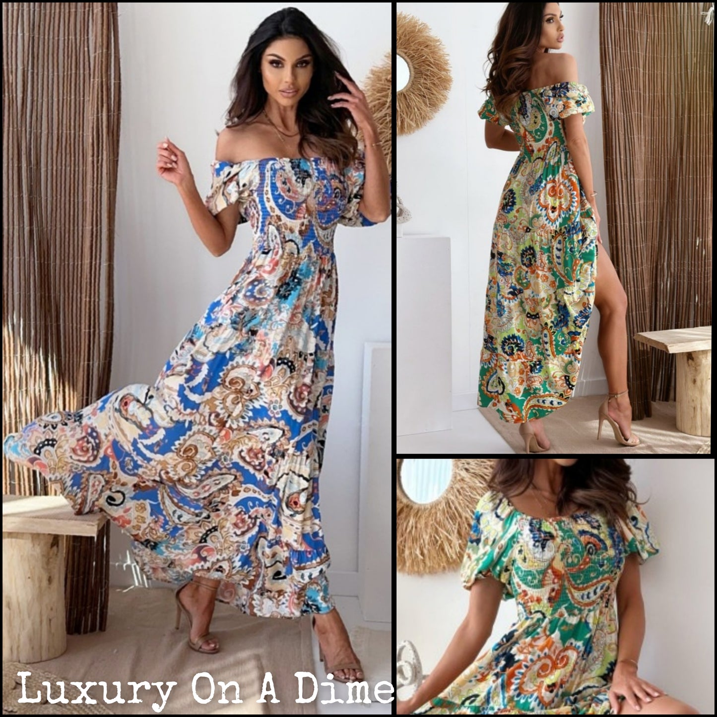 Retro Paisley Floral Smocked Bodice Tiered Colorful Summer Boho Maxi Dress