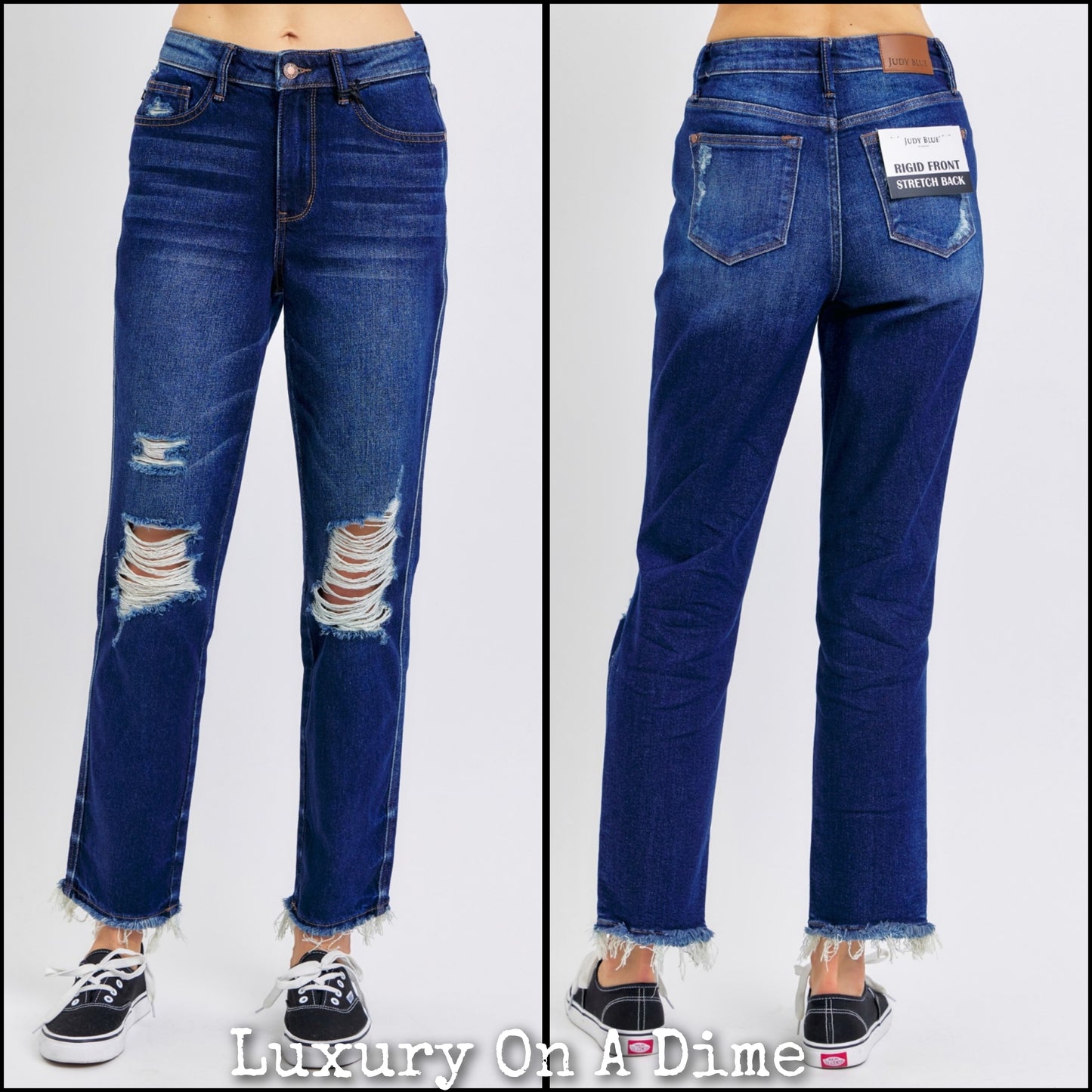 Judy Blue Tummy Control High-Rise Distressed Ridged Front Stretch Straight Leg Jeans Denim Pants