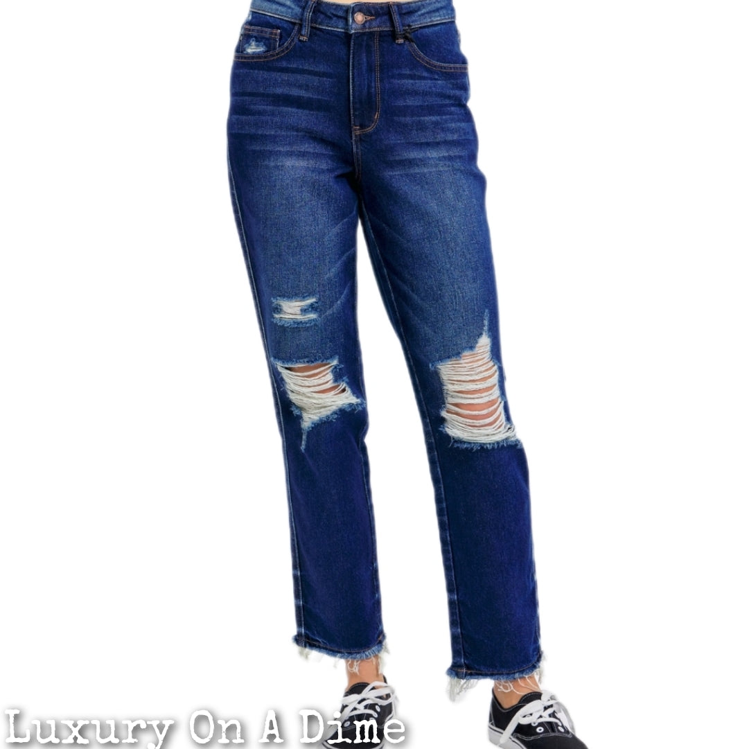 Judy Blue Tummy Control High-Rise Distressed Ridged Front Stretch Straight Leg Jeans Denim Pants