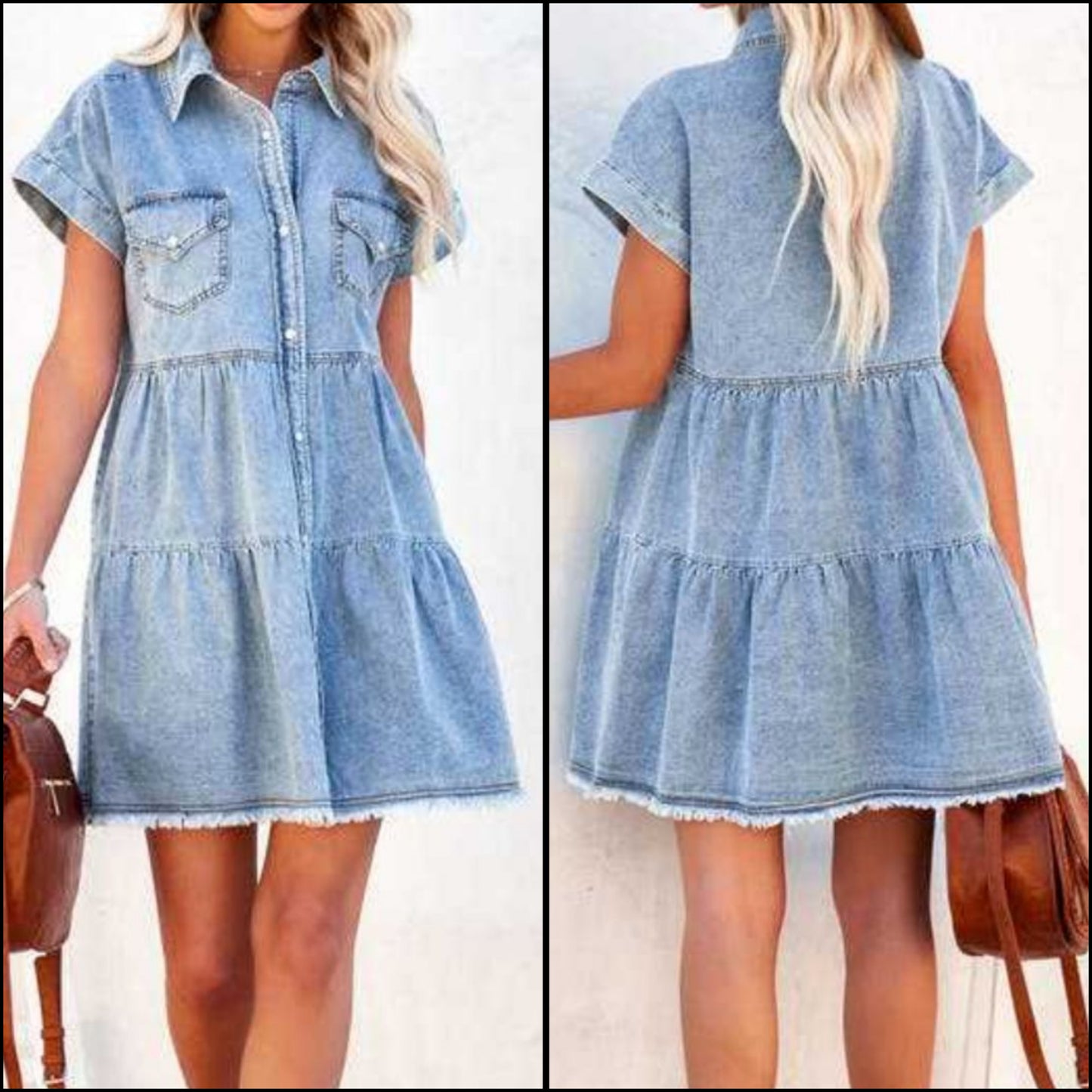 Button-Up Denim Short Sleeve Blue Jean Tiered Raw Hem Babydoll Mini Dress